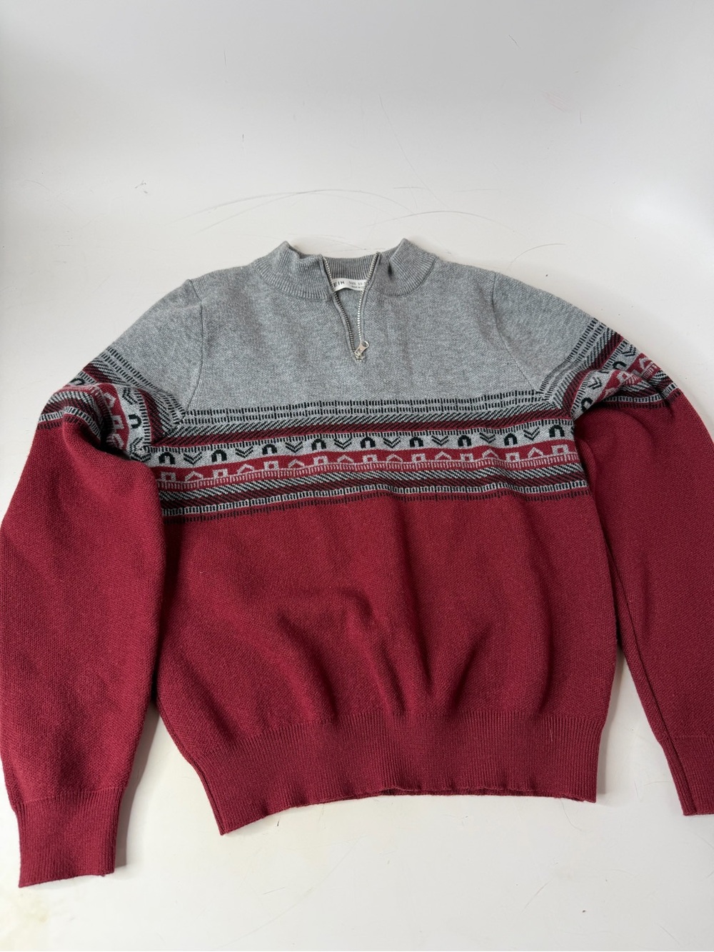SHEIN Gray and Burgundy Half-Zip Patterned Knit Sweater